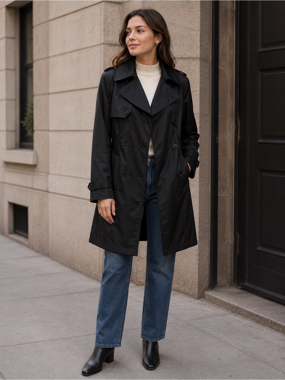 Atmosphere Classic Black Trench Coat Size S Minimalist Double Breasted Fall
